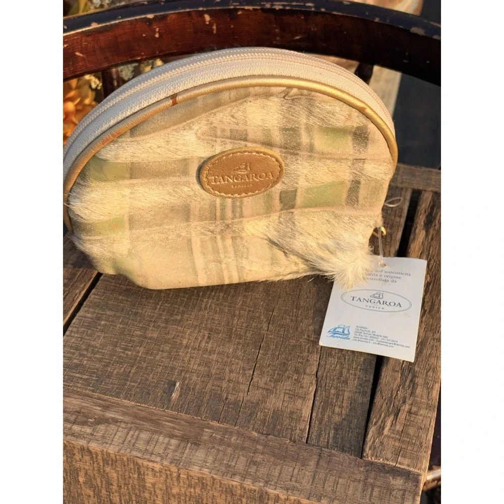NWT Terrida Tangaroa Venice Leather And Hair On Hide Cosmetic Bag Plaid Sage Tan